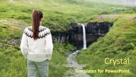  Presentation with waterfall woman - PPT theme enhanced with iceland-woman-hiking-looking background and a tawny brown colored foreground