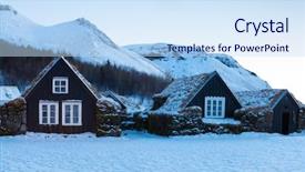  Presentation with house snow mountain - Slides with icelandic turf houses at dawn background and a sky blue colored foreground