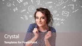  Presentation with doodles - PPT theme enhanced with pretty young girl with abstract white media icon doodles on gradient background background and a coral colored foreground