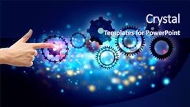  Presentation with gears - Beautiful PPT theme featuring icon of gears on media backdrop and a navy blue colored foreground