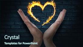  Presentation with heart in hands - PPT theme having icon over dark bricks wall background and a wine colored foreground