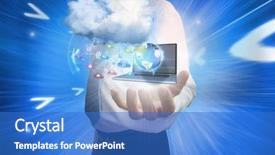  Presentation with fintech app - Colorful presentation theme enhanced with icons and laptop with cloud backdrop and a teal colored foreground