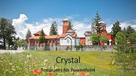  Presentation with orthodox - Beautiful PPT layouts featuring icons architecture - orthodox monastery zica built backdrop and a yellow colored foreground