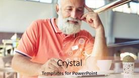  Presentation with man relaxing on massage table - PPT layouts having icons floating in the air background and a coral colored foreground