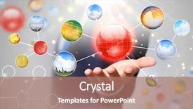  Presentation with people hold hand around globe - PPT layouts enhanced with icons on human hand global background and a coral colored foreground