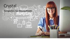  Presentation with composite - Colorful presentation design enhanced with icons surrounding digital marketing backdrop and a light gray colored foreground