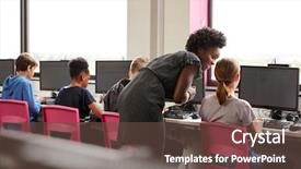  Presentation with high school students - Slide set featuring ict - female teacher supervising line background and a tawny brown colored foreground
