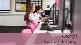  Presentation with high school students - Audience pleasing PPT theme consisting of ict - line of high school students backdrop and a coral colored foreground