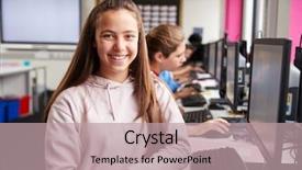  Presentation with high school students - PPT theme consisting of ict - portrait of smiling female pupil background and a coral colored foreground