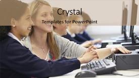  Presentation with pupil - PPT theme featuring ict - teacher and pupil in school background and a coral colored foreground