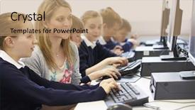  Presentation with pupil - PPT layouts having ict - teacher and pupil in school background and a coral colored foreground