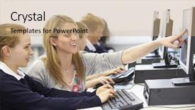  Presentation with pupil - Slide set featuring ict - teacher and pupil in school background and a coral colored foreground