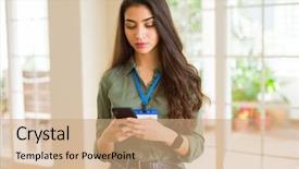  Presentation with young business woman smile show - Presentation with id - beautiful young business woman wearing background and a coral colored foreground