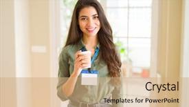 Presentation with business card - PPT theme featuring id - young beautiful business woman wearing background and a coral colored foreground