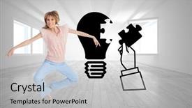  Presentation with composite - Colorful slide set enhanced with idea innovation agility - composite image of woman jumping backdrop and a  colored foreground