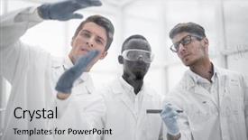  Presentation with research - Beautiful theme featuring idea lab - colleagues discussing research results backdrop and a  colored foreground