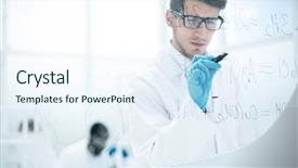  Presentation with on glass board - Slide deck enhanced with idea lab - scientist making notes background and a sky blue colored foreground