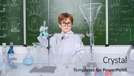  Presentation with lab - Slide deck featuring idea lab - serious little boy doing experiments background and a light blue colored foreground