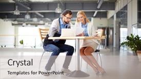  Presentation with double exposure of business people - Beautiful PPT layouts featuring idea man - two business people discussing documents backdrop and a light gray colored foreground