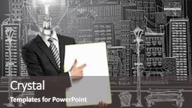  Presentation with hands holding - Audience pleasing presentation theme consisting of idea management - lamp head businessman holding empty backdrop and a dark gray colored foreground