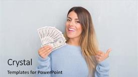  Presentation with young grey maine coon cat - PPT theme having idea money - young adult woman over grey background and a light blue colored foreground