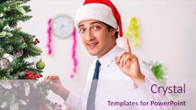  Presentation with employee - Slide deck with ideas new work year - employee businessman celebrating christmas background and a sky blue colored foreground