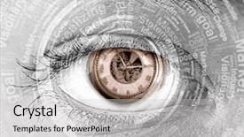 Presentation with learn english concept time - Cool new slide deck with close up of woman eye with time concept backdrop and a light gray colored foreground