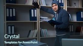  Presentation with industrial espionage - PPT layouts with identity access management - young man in industrial espionage background and a tawny brown colored foreground