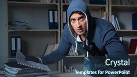  Presentation with industrial espionage - Audience pleasing PPT layouts consisting of identity access management - young man in industrial espionage backdrop and a ocean colored foreground