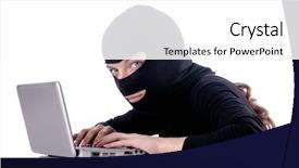  Presentation with identity theft - Slide deck consisting of identity theft protection - hacker with computer wearing balaclava background and a  colored foreground