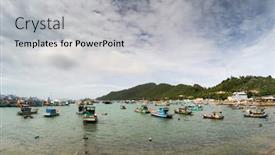  Presentation with fishing boats - Amazing presentation theme having idle fishing boats in ben ngu wharf nam du islands kien giang province vietnam backdrop and a light gray colored foreground