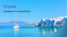  Presentation with greek - PPT theme enhanced with idyllic-greek-landscape-with-houses background and a light blue colored foreground