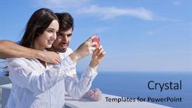  Presentation with young happy couple - Presentation theme consisting of ied - happy young couple taking selfie background and a light blue colored foreground