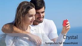  Presentation with brain and cell phone radiation - Audience pleasing PPT theme consisting of ied - happy young couple taking selfie backdrop and a light blue colored foreground