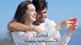  Presentation with young happy couple - Audience pleasing PPT theme consisting of ied - happy young couple taking selfie backdrop and a light blue colored foreground