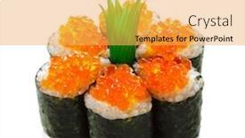  Presentation with roll - Audience pleasing presentation theme consisting of ikura maki sushi - roll with cream cheese inside topped with ikura salmon roe backdrop and a yellow colored foreground