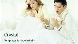  Presentation with temperature - PPT theme featuring ill couple sitting in bed taking temperature and taking medicine background and a sky blue colored foreground