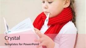 Presentation with girl reading - Cool new PPT theme with ill little girl is sitting on sofa with thermometer in her mouth and reading book backdrop and a coral colored foreground