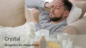  Presentation with chemistry electronic configuration - Cool new presentation design with ill man with electronic thermometer backdrop and a light gray colored foreground