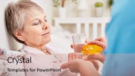  Presentation with medicament - Cool new PPT theme with ill senior woman takes medicament backdrop and a coral colored foreground