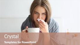  Presentation with hot tea - Amazing PPT theme having illness - young ill woman with cup backdrop and a coral colored foreground