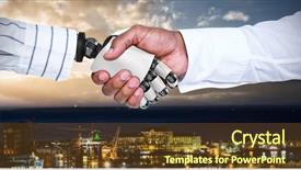  Presentation with medical robot - Slide deck featuring illuminated buildings in city background and a tawny brown colored foreground