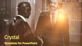  Presentation with city street - Presentation featuring illuminated city street against cityscape against businessmen shaking hands with each other background and a tawny brown colored foreground