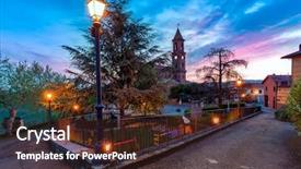  Presentation with town hall sky scrappers - PPT theme consisting of illuminated lampposts and parish church background and a tawny brown colored foreground