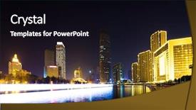  Presentation with urban buildings - Cool new slide set with illuminated modern buildings at riverbank in urban city downtown district backdrop and a black colored foreground