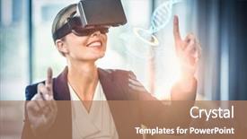  Presentation with dna - Beautiful presentation theme featuring digitally generated image of illuminated volume knob with dna strand against businesswoman using the virtual reality headset backdrop and a coral colored foreground
