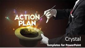  Presentation with action plan - Amazing slide deck having illusionist-is-showing-magic-trick backdrop and a wine colored foreground
