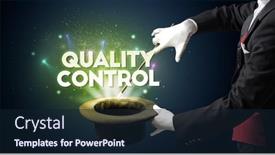  Presentation with quality control - PPT layouts enhanced with illusionist-is-showing-magic-trick background and a wine colored foreground