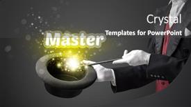  Presentation with illusionist - Slide set enhanced with illusionist-is-showing-magic-trick background and a dark gray colored foreground