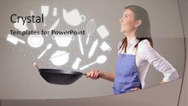  Presentation with kitchen fires - Beautiful presentation design featuring illustrated ladies tea - pretty young lady with kitchen backdrop and a light gray colored foreground